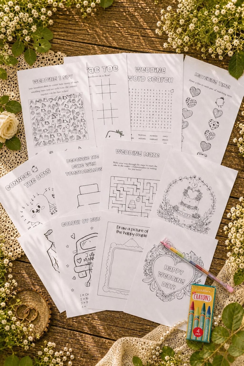 May include: A collection of wedding activity sheets, including an I Spy game, word search, and maze, are arranged on a wooden surface. A box of crayons and a multi-colored pen are also present. The sheets feature various wedding-themed illustrations and text.