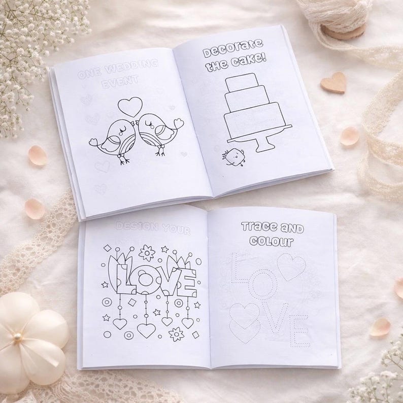May include: Four open coloring books with wedding-themed illustrations. One book shows two birds with a heart, another has a cake, and the others have the words "LOVE" and "Trace and Colour". The books are on a white surface.
