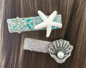 clam with pearl accent, acrylic starfish, hair clips, shells, coastal, beach, ocean, gift