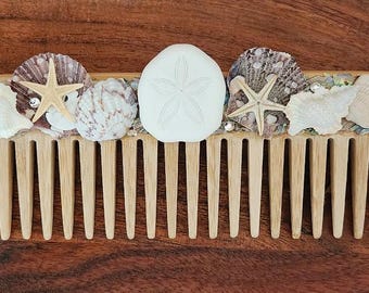 bamboo hair comb, sand dollar, shells, coastal, beach, ocean, gift