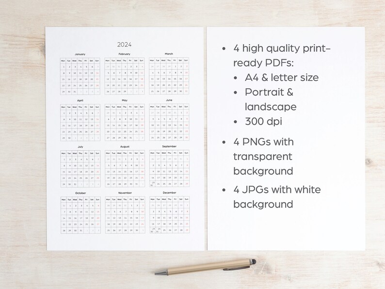Calendar 2024 Yearly Printable Letter & A4 Size PDF JPG and Etsy Australia