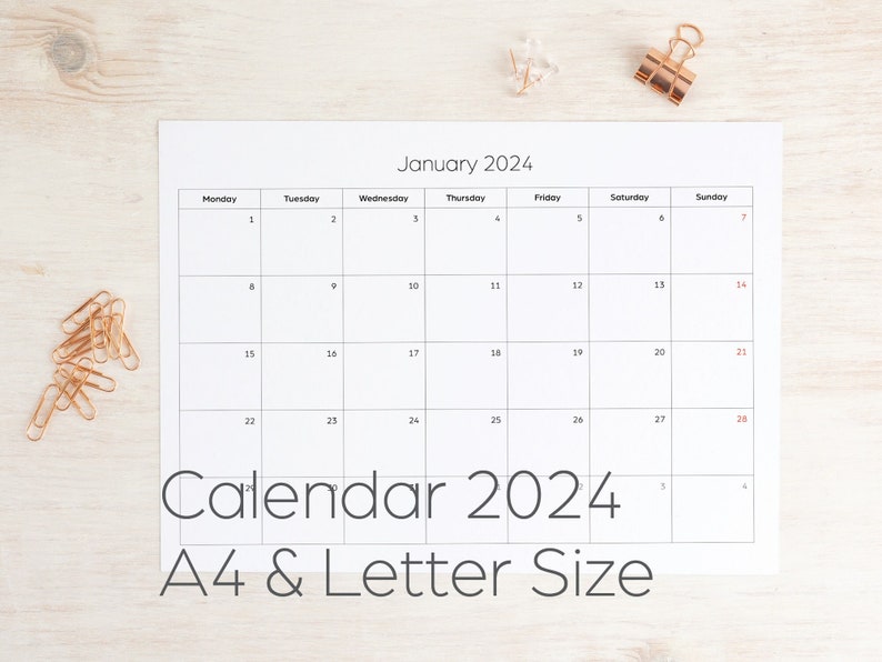 Calendar 2024 Monthly Printable Letter & A4 Size in PDF JPG Etsy