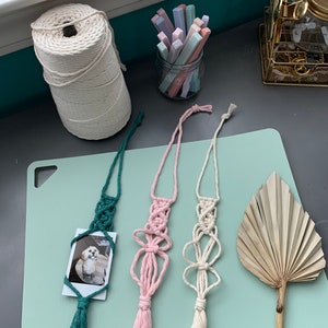 May include: Three macrame photo holders with tassels in green, pink, and white. The green photo holder has a photo of a dog in it. The photo holders are on a light green surface.