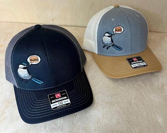 Chickadee Cheeseburger Bird Embroidered Baseball Hat, Birder Nerd Gift, Smashed Burgers, Funny Trucker Snapback Cap, Ornithologist Birthday