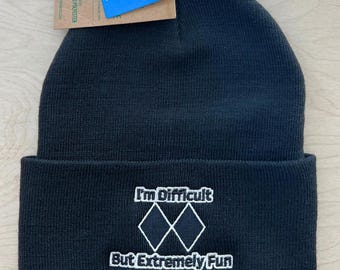 I'm Difficult But Extremely Fun Double Diamond Ski Run Beanie, Après Ski Stocking Hat, Snowboarding, Skier Snowboarder Birthday Gift