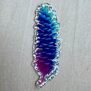 May include: A holographic sticker in the shape of a pinecone, with a gradient of blue, purple, and pink. The sticker has a glittery, silver border and the text "sugar pine" is visible.