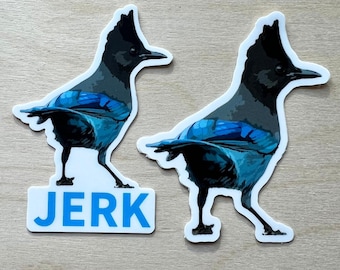 Steller’s Jay Jerk Bird Vinyl Sticker or Magnet, Corvid Fan, Birdwatcher, Urban Blue Jays Water Bottle Decal, Unique Fun Birder Gift