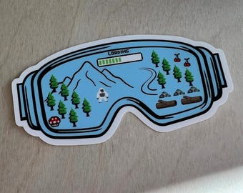 Ski Snowboard Arcade Game Goggles Sticker, Mountain Yeti, Gen X Frogger Video Game Winter Season, Skiing Humor, Funny Snowboarding Decal
