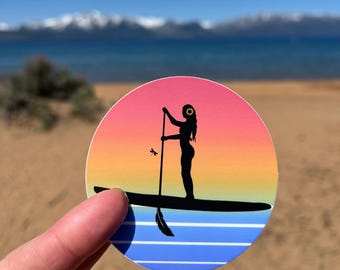 Stand-Up Paddle Boarding Summer Sunrise Girl Vinyl Sticker, SUP Water Bottle Decal, Feather Paddle, Dragonfly, Sun Flower Hair, Self Care