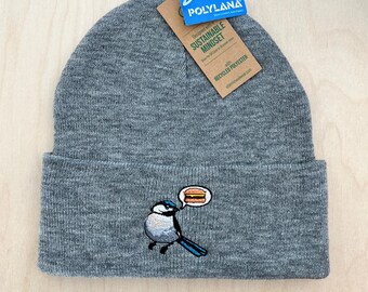 Chickadee Cheeseburger Bird Embroidered Beanie, Birder Nerd Gift, Wilderkind Winter Stocking Cap, Ornithologist Hat, Clever Birthday Present