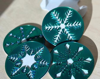 Mid Century Inspired 3D Printed Drink Coasters, Set of 4 with Holder, Modern Retro Design, Unique Hostess Gift, Abstract Green Snowflakes