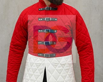 Medieval Red & White Gambeson Jacket | Thick Quilted Aketon Armor | LARP  SCA Padded Coat