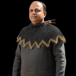 Handmade Chainmail Collar | 9mm Flat Riveted Mild Steel & Brass Zig-Zag | LARP Viking Armor Shoulder