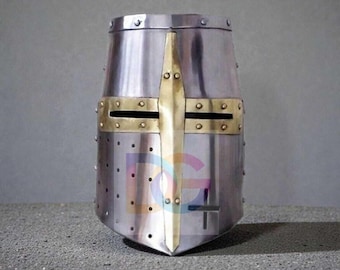 Crusader Great Helmet | Medieval Knight Armor Helm with Brass Cross | Viking Templar Reenactment Helmet