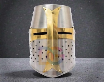 Casque en acier de chevalier croisé | Armure médiévale des Templiers | Casque de cosplay portable pour adulte pour reconstitution et Halloween