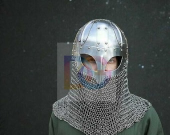 Handmade Medieval Viking Helmet with Chainmail | 18G Steel LARP Battle Armor