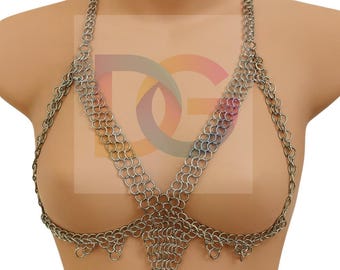 Handmade Aluminum Chainmail Bikini Top – Metal Ring Harness Bra for Women, Festival & Cosplay Armor