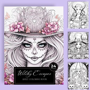 Witchy Escapes - 24 pages Adult Coloring Book. Instant Access - PDF Download