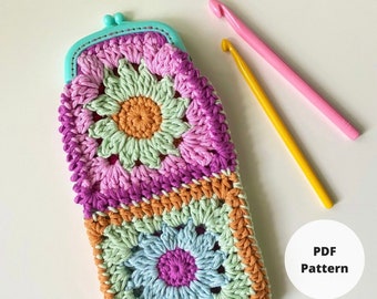 Crochet Pouch Pattern - Crochet Hook Case - Crochet Clutch Pattern - Crochet Pencil Pouch - Crochet small bag - Flower Granny Square Pattern