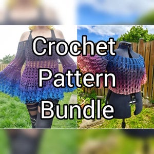 Könnte beinhalten: Zwei Häkeltops in einem Farbverlauf von Lila, Blau und Rosa. Die Tops sind schulterfrei und haben lange Ärmel. Der Text "Crochet Pattern Bundle" ist über das Bild gelegt.