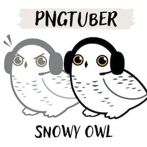 May include: A cartoon illustration of a snowy owl wearing headphones. The owl has black eyes and a yellow beak. The text "PNGTUBER" is above the owl and the text "SNOWY OWL" is below the owl.