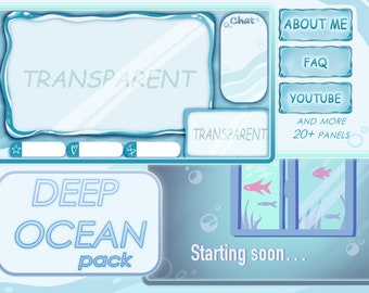 Può includere: Un pacchetto di overlay Twitch blu e bianco con il testo "Deep Ocean Pack" e "Starting Soon..."  L'overlay include una casella di chat, un pannello per informazioni su di me, FAQ, YouTube e altro ancora.  L'overlay include anche una vasca per pesci con pesci che nuotano all'interno.