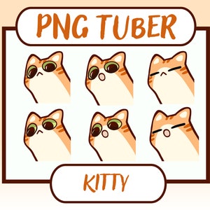 Pu&ograve; includere: Sei diverse espressioni di un gatto arancione tigrato di cartone animato con occhi verdi. Il gatto sta guardando in alto e ha un petto bianco. Il testo "PNG TUBER" &egrave; in alto nell'immagine e "KITTY" in basso.