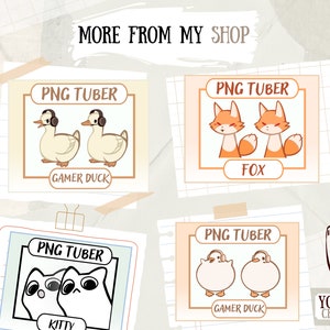 Pu&ograve; includere: Quattro illustrazioni digitali di animali dei cartoni animati con cuffie. Le illustrazioni sono etichettate "PNG TUBER" e presentano un'anatra gamer, una volpe, un gattino e un'altra anatra gamer. Il testo "YONNA CREATE" &egrave; anche visibile.