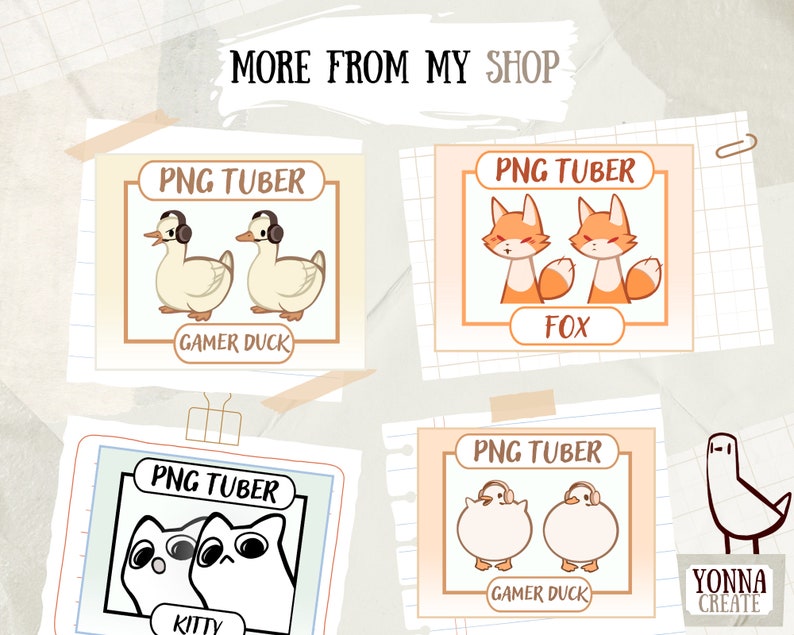 Pu&ograve; includere: Quattro illustrazioni digitali di animali dei cartoni animati con cuffie. Le illustrazioni sono etichettate "PNG TUBER" e presentano un'anatra gamer, una volpe, un gattino e un'altra anatra gamer. Il testo "YONNA CREATE" &egrave; anche visibile.