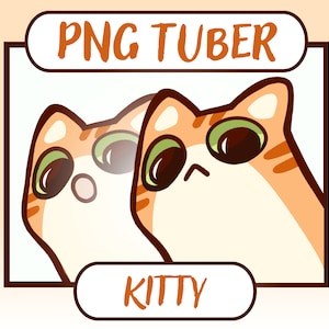 Pu&ograve; includere: Un'illustrazione digitale di due gatti tabby arancioni con occhi verdi. I gatti guardano verso l'alto e il testo "PNG TUBER" e "KITTY" sono presenti nell'immagine.