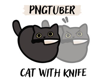 May include: A black cat with a knife in its mouth, with the text "PNGTUBER" and "CAT WITH KNIFE" below.
