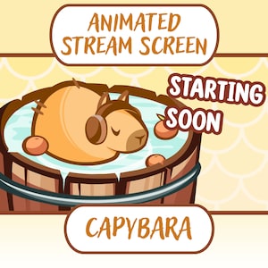 May include: A cartoon capybara wearing headphones relaxes in a wooden tub filled with water and oranges. The text "STARTING SOON" is above the tub, and "CAPYBARA" is below. The background is a yellow and brown pattern.