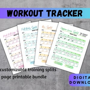 May include: Printable workout tracker sheets with four different training splits: Push Pull Legs, Full Body Split, Bro Split, and Upper Lower Split. Each sheet has a colorful design and includes a workout tracker for each day of the week.