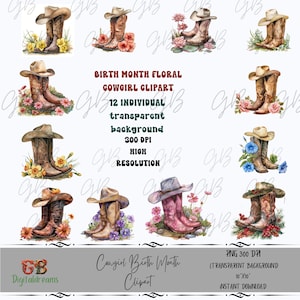12 mois de naissance floral individuel bottes de cow-girl Clipart Collection, sublimation Floral anniversaire Clipart PNG, cow-boy des cliparts imprimable, CA23