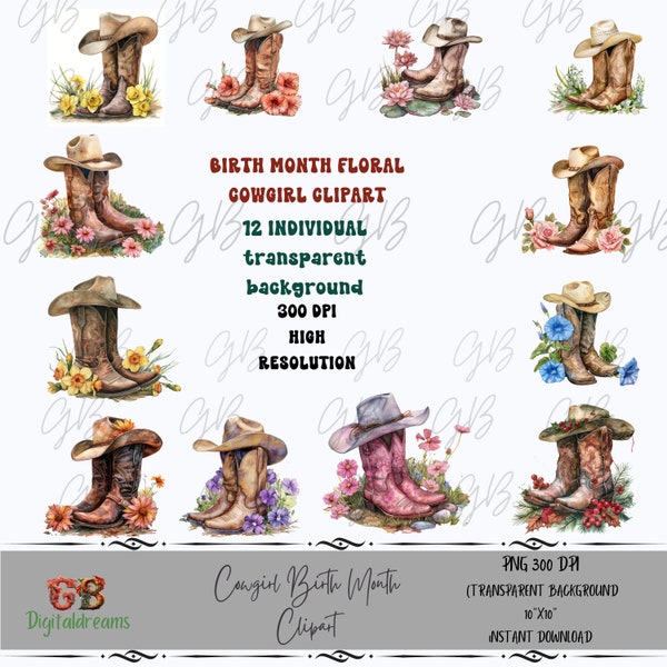 12 Individual Floral Birth Month Cowgirl Boots Clipart Collection, Floral Birthday Clipart PNG sublimation, Printable Clipart cowboy , CA23