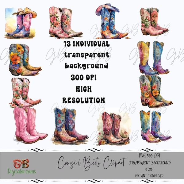 13 Watercolor Clipart - Cowgirl Leather Boots & Floral Vintage Design, Unique Sublimation Designs, cowgirl fashion style clipart sticker png