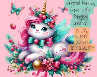 Christmas Unicorn Cat Clipart | Watercolor Kitty PNG JPG (Digital Download)