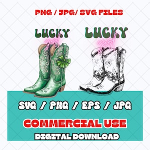 The Lucky Club cowgirl PNG Patrick&#39;s Day Cowboy Boots, Green Shamrock Bow png, Western Irish Sublimation St Patrick&#39;s Day Design SVG, CA23