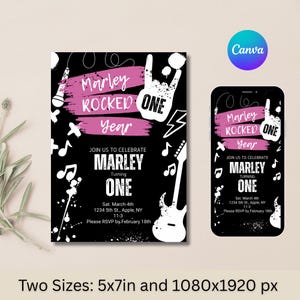 以下が含まれることがあります： 黒と白のロックをテーマにした誕生日の招待状で、ピンクのアクセントが付いています。「Marley Rocked One Year」というテキストとギター、マイク、音符が特徴です。2つのサイズで利用可能：12.7x17.8cmと1080x1920 px。