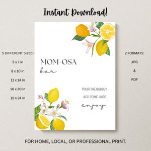 Enseigne de bar Mom-osa - Imprimable barre de mimosa pour baby shower sur le thème du citron - Déco station de mimosa jaune et rose - Téléchargement immédiat, plusieurs tailles