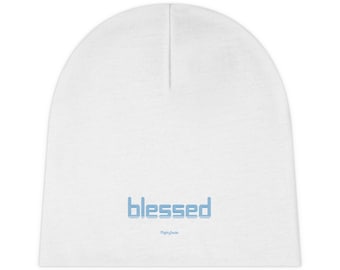 Blessed MightySouls Baby Beanie (AOP) - Unisex - Light Blue Font on White - Reflect Positivity Energizing Wear - Blessed Hat - Winter Hat