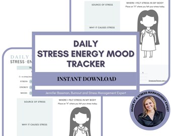 Estrés Energía Estado de ánimo Rastreador diario Hoja de trabajo de 1 página Planificador Burnout Manejo del estrés Ansiedad Autocuidado Mujeres Salud mental Psicología