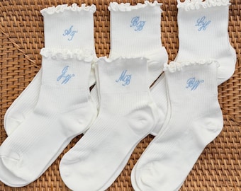 Custom Embroidered Ruffle Socks – Personalized Initial Ankle Socks With Monogram - Bridesmaid Gift