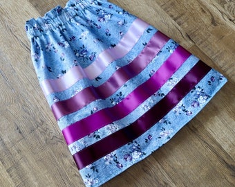 Ribbon Skirt Toddler Handmade, Size 2T-3T, Light Denim Lavender Floral Print Premium Cotton, OOAK Indigenous Made Clothing