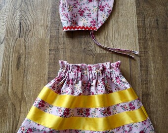 Handmade Infant Ribbon Skirt and Bonnet Gift Set, Size 0-6 Month, Yellow, Pink Floral Print Premium Cotton, OOAK Indigenous Made Clothing