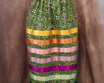 Couture Ribbon Skirt Pockets Women’s, Green Ojibway Floral Print Premium Cotton OOAK Indigenous HandMade Clothing, CustomWaist