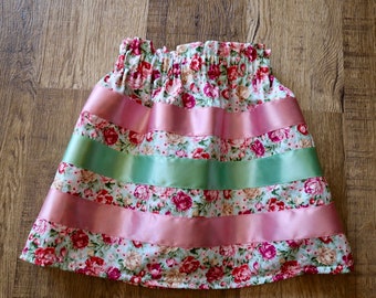 Ribbon Skirt Infant Handmade, Size 12M-2T, Light Pink Floral Print Cotton, OOAK Indigenous Made Clothing