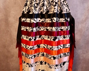 Couture Ribbon Skirt Pockets Side Fringe Women’s, Contemporary Graffiti Print Premium Cotton OOAK Indigenous HandMade Clothing, CustomWaist