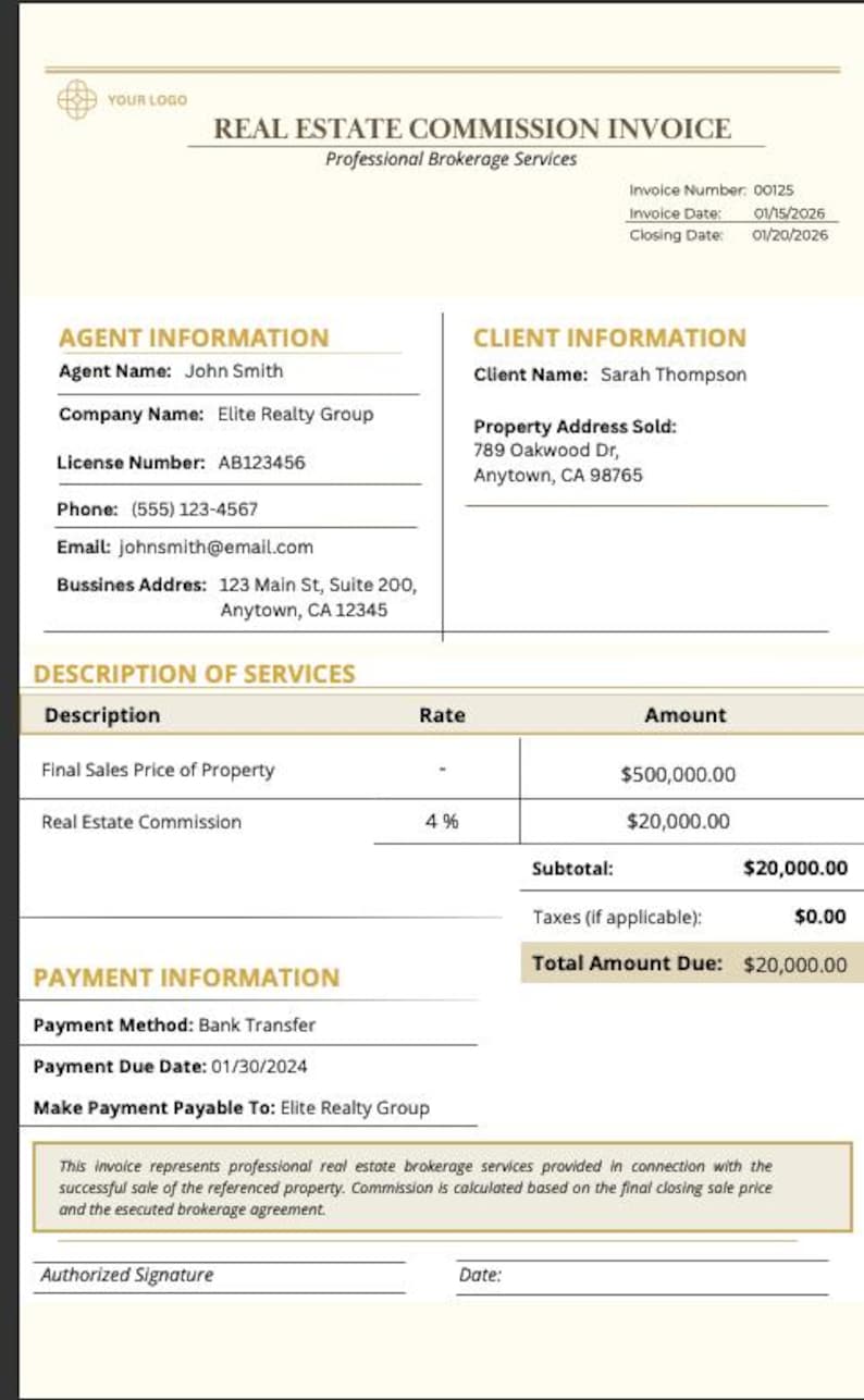 Real Estate Invoice Template | Realtor Brokerage, Editable Canva ...