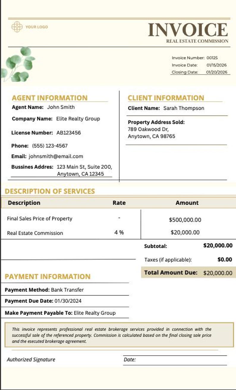Real Estate Invoice Template | Realtor Brokerage, Editable Canva ...